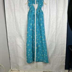 1970’s Women's Vintage Aqua/White Polka Dots White Flowers Halter Maxi Dress